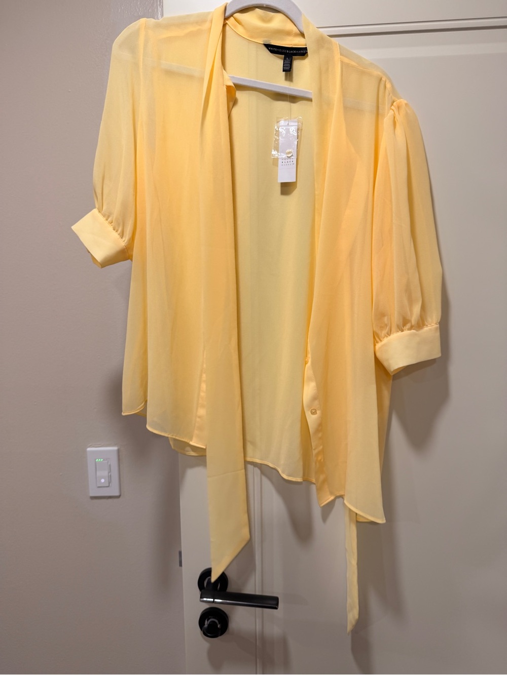 White House Black Market Soft Yellow Tie-Neck Chiffon Blouse